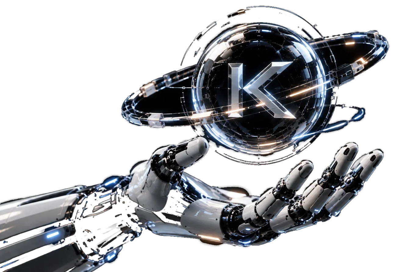 Mano robótica sosteniendo una esfera de cristal con la K de ARKESIZ.