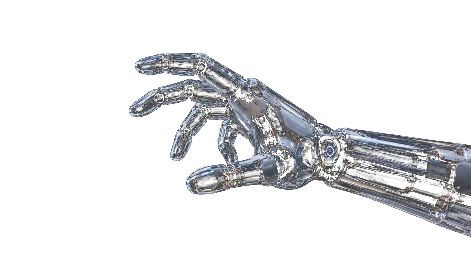 Mano robótica de cristal con los dedos extendidos. De cada dedo parte una de las cuatro disciplinas: tecnología, marketing, branding y producción.